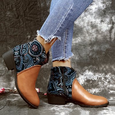 Trendy Tribal Chic: Women's Retro Ankle Boots with Vintage Western Vibes and Chunky Heels