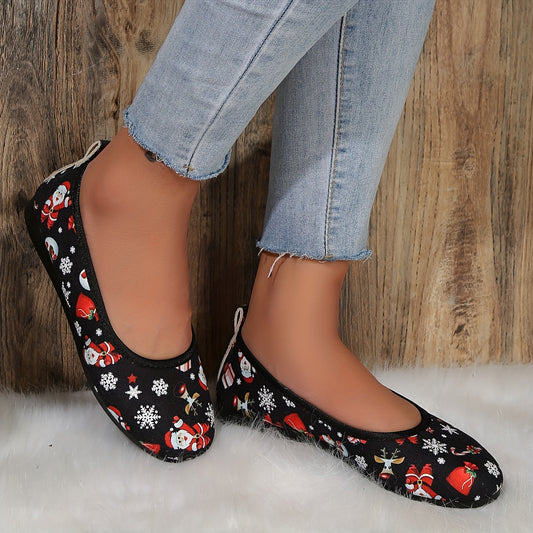 These lightweight flats feature a festive cartoon print design perfect for daily wear or celebrating the Christmas season. The slip-on design ensures comfort and convenience, with their durable construction providing lasting wear.