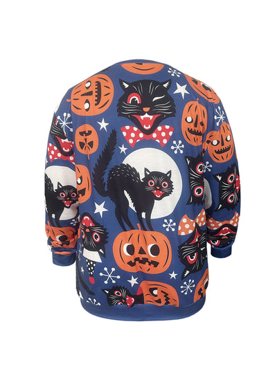 Halloween Horror Cat & Pumpkin Print Long Sleeve, Pullover Sweatshirt, Casual Tops For Fall & Winter, Women's Clothing, Halloween Sweatshirt