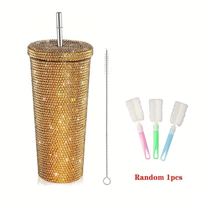 500ml/16.9oz Rhinestone Design Double Stainless Steel Thermal Bottle and Straw - Portable Tumbler Cup for Coffee and Water