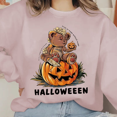 Horror Bear Pumpkin Slogan Print Plus Size Halloween Sweatshirt: Stylish Fall/Winter Casual Top for Plus Size Women