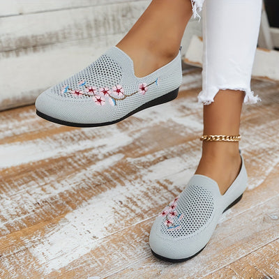 Fashionable Women's Floral Embroidered Comfy Flats: Slip-On, Soft Sole, Lightweight, Round Toe Knitted Shoes