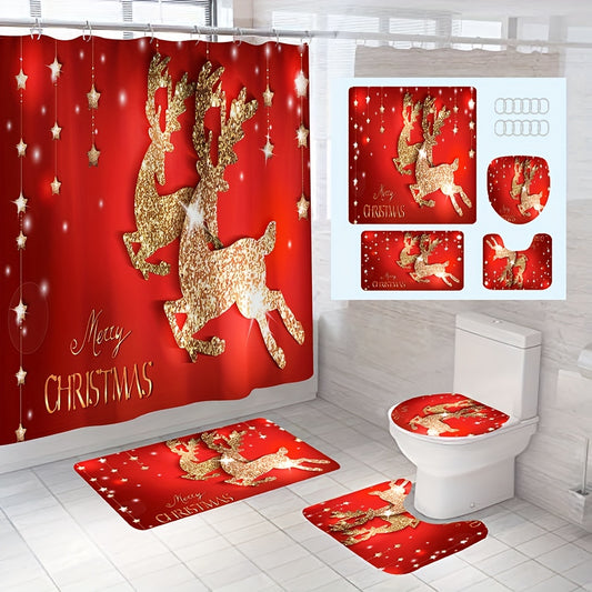 Transform your bathroom into a winter wonderland with this Elk Graphic Shower Curtain Set. The waterproof design ensures durability and the 12-hooks give you plenty of options for installation. An anti-skid bath rug, a Toilet U-Shape Mat, and a Toilet Lid Cover Pad complete the set. An essential for Christmas decoration!