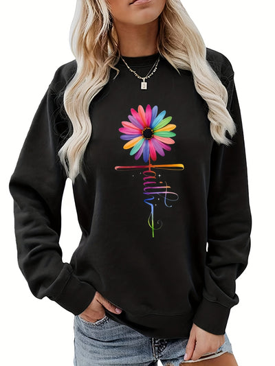 Faith & Colorfull Flower Print Sweatshirt, Casual Long Sleeve Crew Neck Sweatshirt For Fall & Winter, Women's Clothing