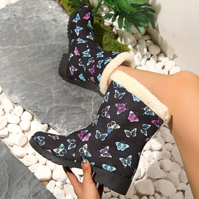 Stylish and Cozy: Women's Fashion Butterfly Pattern Snow Boots with Plush Lining and Warm Platform