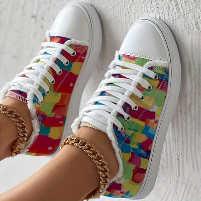 Women's Canvas Sneakers with Colorful Pattern, Fashion Lace Up Low Top Walking Shoes, Comfortable and Versatile Walking Shoes