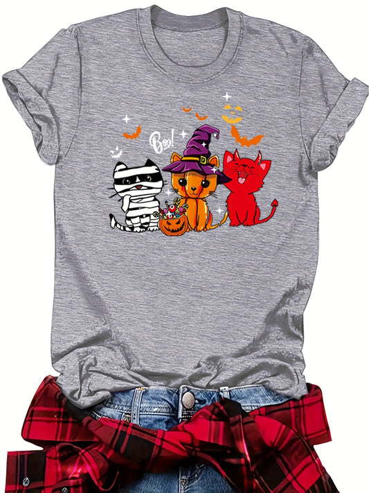 Halloween Cat Pattern Crew Neck T-Shirt: A Spooktacular Summer Top for Women