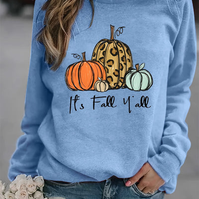 Pumpkin and It's Fall Y'all Print Sweatshirt, Casual Long Sleeve Crew Neck Sweatshirt, Women's Clothing