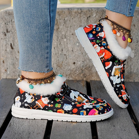 Cozy and Festive: Women's Christmas Print Canvas Shoes – Plush-lined, Slip-on Winter Flats