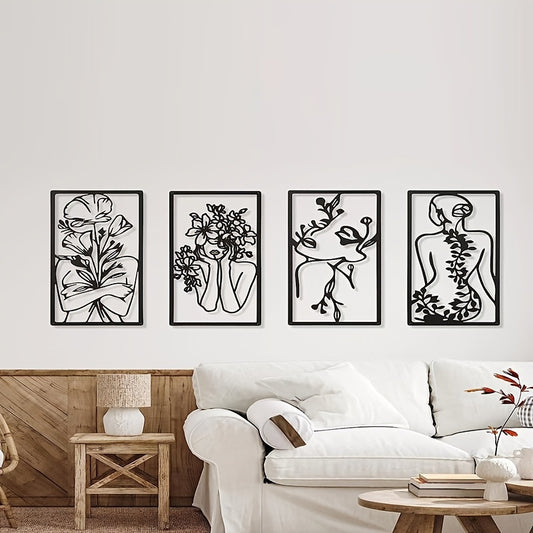 This contemporary wall art set showcases minimalist abstract woman line drawings printed on durable metal sheets. The four pieces come together to create a chic and stylish statement for any home décor. The pieces are easy to hang, making installation effortless.