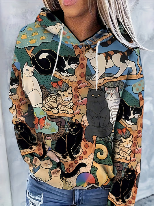 Stay cozy and stylish with our Cute Cat Print Drawstring Hoodie. This long-sleeved sweatshirt is the perfect casual option for women, featuring a convenient pocket to keep your essentials close by. With a trendy cat print and comfortable fit, it's a must-have in your wardrobe.