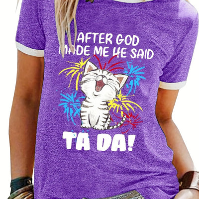 Cute and Casual: CAT LETTER PRINT Crew Neck T-Shirt - Must-Have Women's Top for Spring & Summer