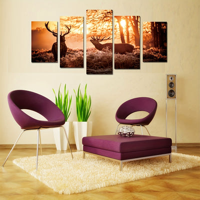 Enchanting Forest Deer Canvas Paintings: 5-Piece High Definition Wall Art for a Captivating Living Room, Bedroom, or Kitchen Ambiance