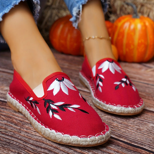 Leaf Embroidered Slip-On Espadrilles: Lightweight, Comfy Canvas Shoes for Women