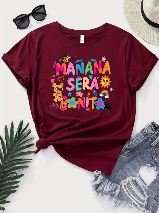 This 100% cotton T-shirt features a brightly colored cartoon and letter print, perfect for add a playful touch to your casualwear. With short sleeves and a crew neck, the lightweight fabric is ideal for cool temperatures during spring and summer.