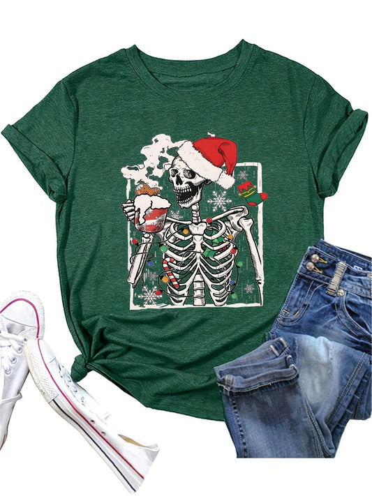 Add festive style to your wardrobe with this fun and stylish Christmas Drinking Skeleton Print T-Shirt. With a casual short sleeve and crew neck top design, this t-shirt is perfect for any occasion. Made of comfortable and breathable material, this t-shirt is sure to become one of your favorites this season.