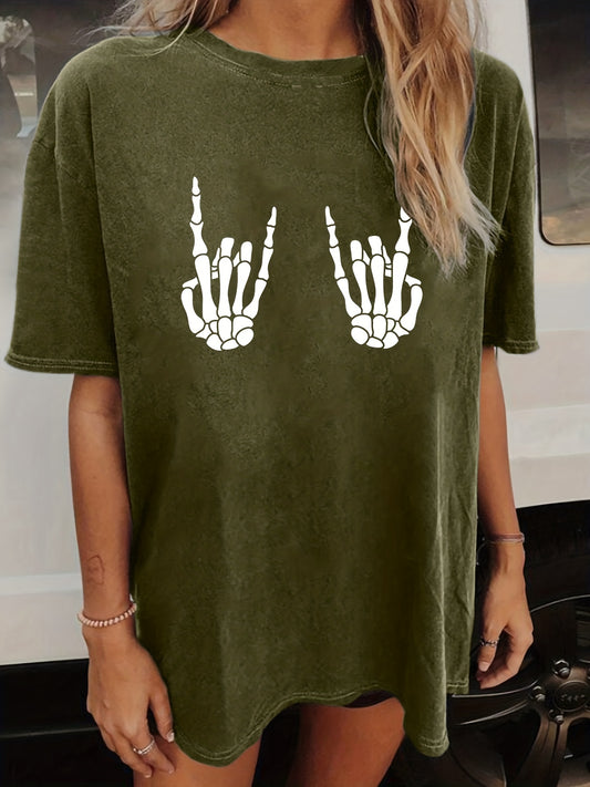 This fashion-forward, 100% cotton t-shirt features a hand bone print on the crew neck for a unique look. The short sleeves and casual loose fit make it perfect for the summer, while the lightweight fabric will keep you comfortable no matter the event. Enjoy effortless style with this hand bone print t-shirt!