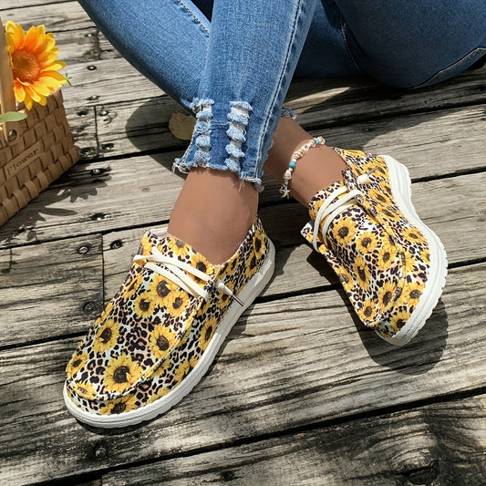 Sunflower Print Canvas Shoes - Stylish Lace Up Low Top Walking Shoes