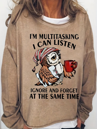 This lightweight, cotton-blend Women's Cute Owl & Letter Print Crew Neck Sweatshirt is perfect for the Spring & Fall seasons. With an ultra soft feel, it is the ideal balance between comfort and style, making it a must-have for your wardrobe.