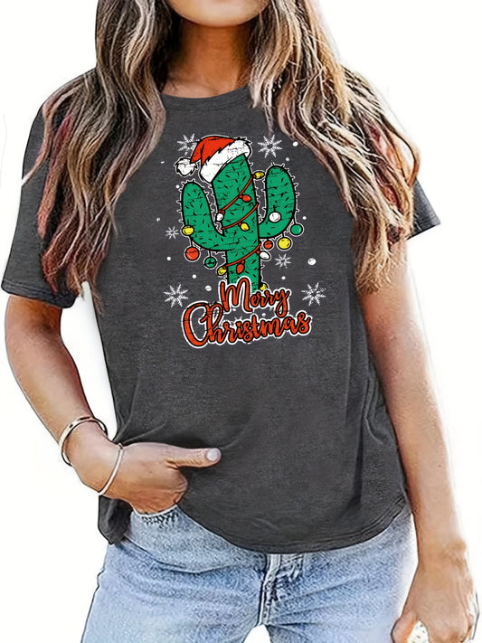 Celebrate the holidays in style with our Festive Vibes Christmas Cactus Print T-Shirt. This casual and comfy women's crew neck top features a playful cactus print, adding a festive touch to any outfit. Perfect for spreading holiday cheer and staying comfortable at the same time.