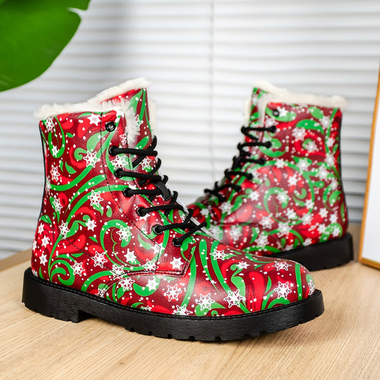 Experience comfort and warmth this winter with the Women's Christmas Elements Pattern Boots. These fashionable combat boots feature a delicate lace-up closure and a soft rubber sole for extra traction. Its faux-shearing lining adds insulation to keep your feet warm and dry during the coldest days.