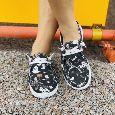 Fun and Fashionable Women's Halloween Print Canvas Shoes: Funny Cartoon Skull & Spider Pattern Lace-Up Loafers - Slip into Spooky Style!