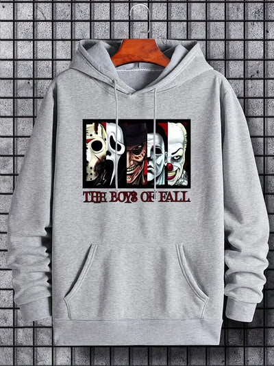 Men's Plus Size with "Film Characters" and 'The Boy Of Fall' letter Print Hoodies, Drawstring Comfortable Oversized Hooded Pullover Sweatshirt Plus Size Best Sellers