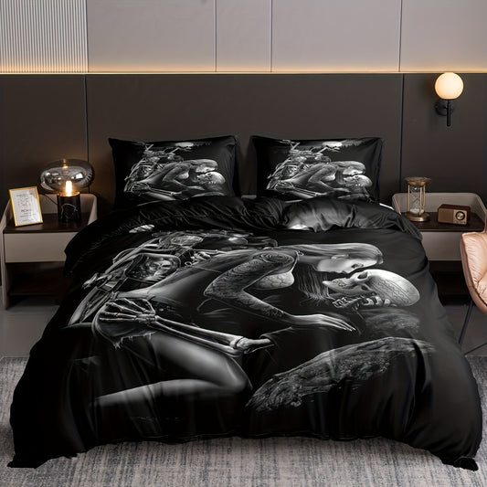 Bring the thrill of the open road to your bedroom with the Motorcycle Skull Duvet Cover Set Dreamscape Delight. This Duvet Cover and 2 Pillowcase set is constructed of high-quality, 100% polyester microfiber fabric for a super soft feel. The vivid printed design will transport you to a whole new realm for a dream-like sleep experience.