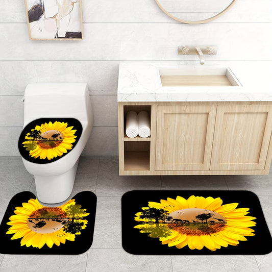 Sunflower Shower Curtain Set: Vibrant Black Floral Bathroom Décor with Non-Slip Bath Mat and Toilet Lid Mat - Waterproof Fabric Shower Curtain Sets for Bathrooms - 72 x 72 Inches