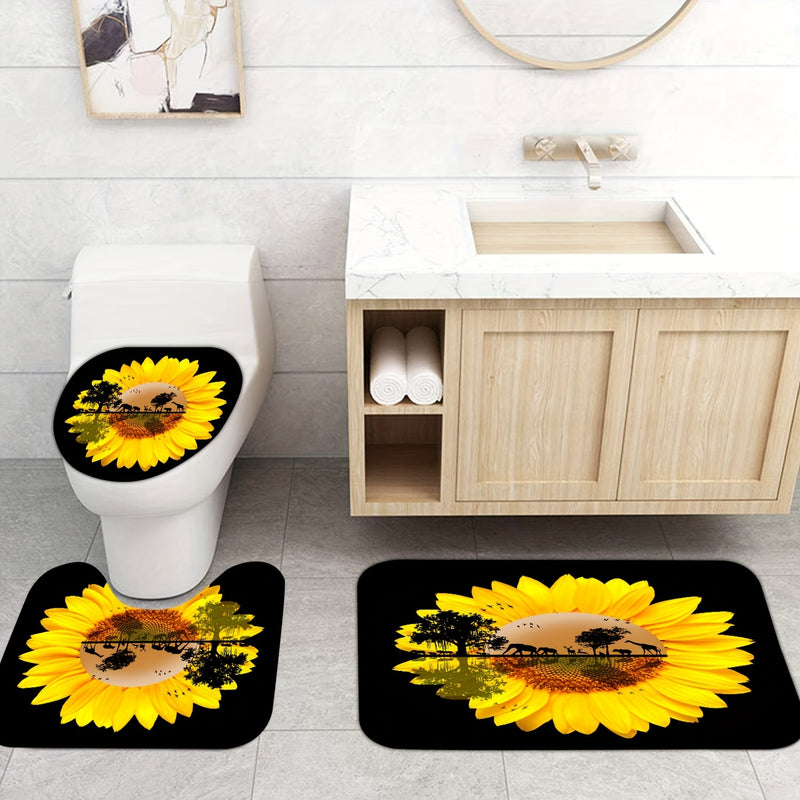 Sunflower Shower Curtain Set: Vibrant Black Floral Bathroom Décor with