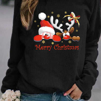 Christmas Santa Claus and ReinDeer Print Sweatshirt: A Casual and Festive Addition to Your Women's Clothing Collection