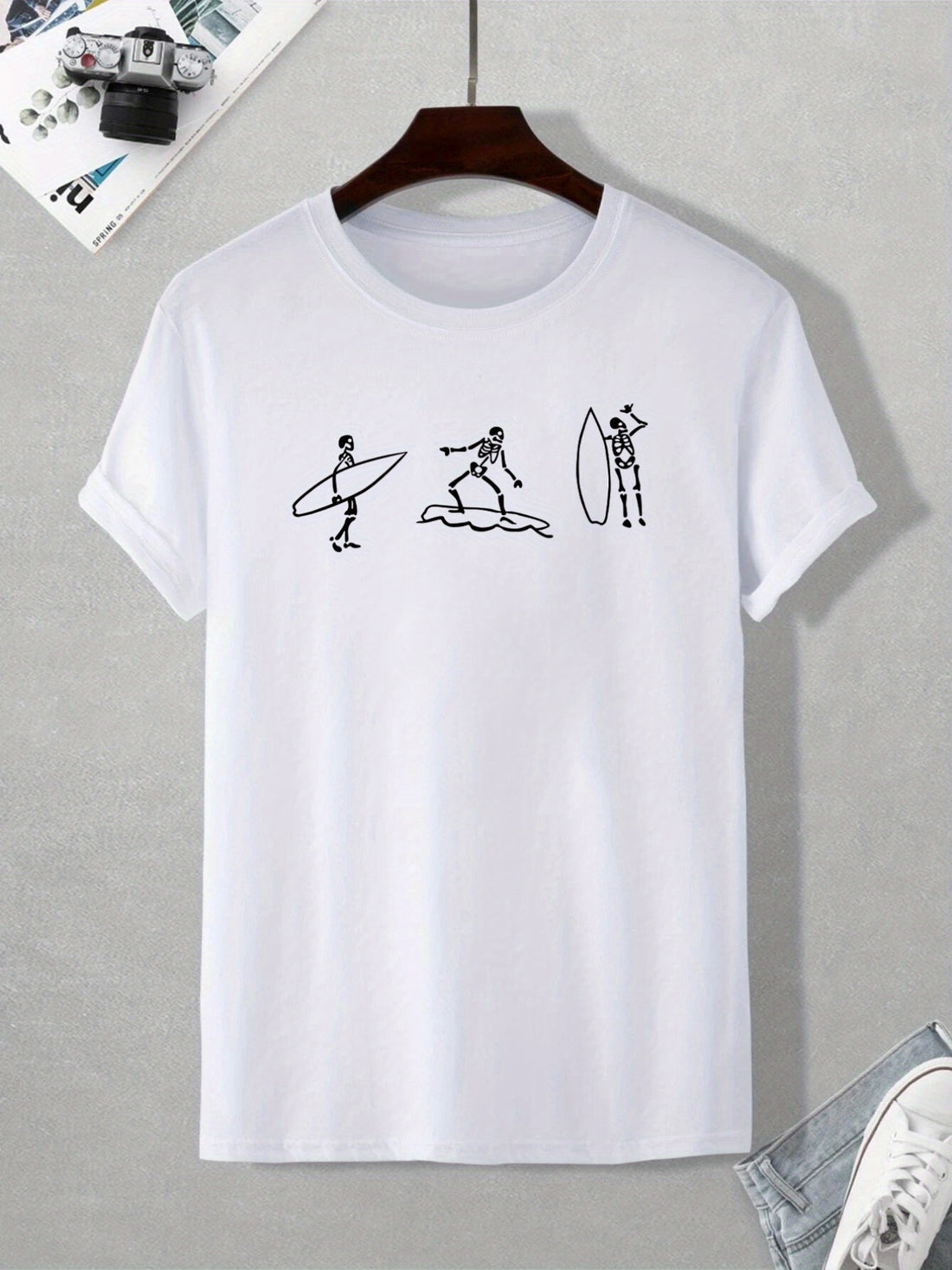 Get ready to embrace the summer vibes with our Surfing Skeleton graphic tee for men! Made with a stretch crew neck and a casual design, this shirt is perfect for those hot and sunny days. Show off your unique style while staying cool and comfortable. Upgrade your wardrobe with this must-have summer essential.