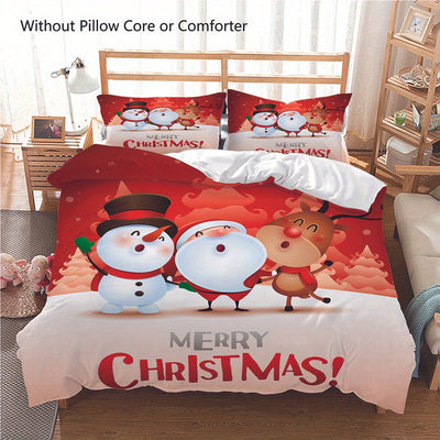 Cheerful Holidays: 3pcs Merry Christmas Duvet Cover Set with Cute Cartoon Santa Claus, Snowman, and Reindeer Pattern - High-Quality Microfiber Bedding Set with 1 Duvet Cover and 2 Pillowcases (without core)