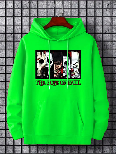 Men's Plus Size with "Film Characters" and 'The Boy Of Fall' letter Print Hoodies, Drawstring Comfortable Oversized Hooded Pullover Sweatshirt Plus Size Best Sellers