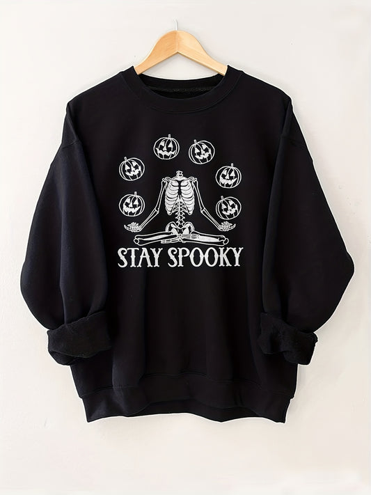 Skull & Pumpkin Print Sweatshirt, Casual Long Sleeve Crew Neck Sweatshirt For Spring & Fall, Halloween Sweatshirt, Women's Clothing