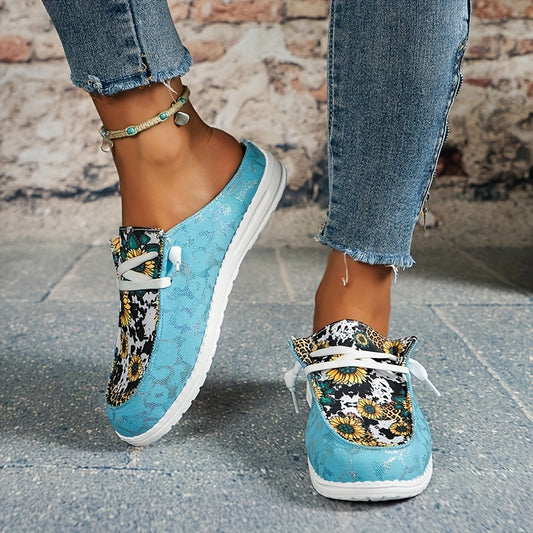 These lightweight and stylish sunflower-print canvas shoes feature a comfortable lace-up mule design for casual walking. The lightweight construction and soft fabric provide superior breathability and flexibility, making them a great choice for everyday wear.