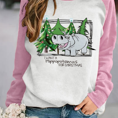 Holiday Bliss: Christmas Hippo Tree Print Pullover Sweatshirt – A Cozy and Stylish Addition to Your Winter Wardrobe!