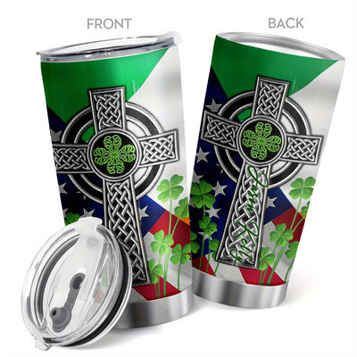 Cross Flag Stainless Steel Tumbler - 20 oz Cup with Lid: Clover Travel Mug for Saint Independences Day; Perfect Gifts for Men, Patriots