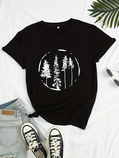 Nature-Inspired Trees Print T-Shirt: A Casual Summer/Spring Essential for Women