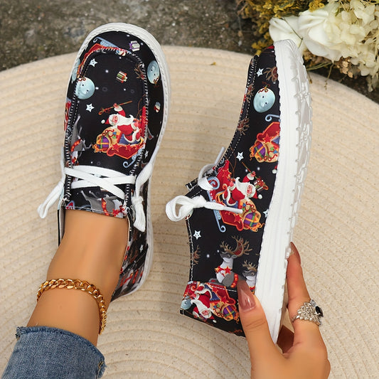 This stylish and festive shoe is perfect for bringing some holiday cheer to your wardrobe. Featuring a cute Santa Claus print and a low-top slip-on loafer design, these canvas shoes will make any casual look an instant holiday classic.