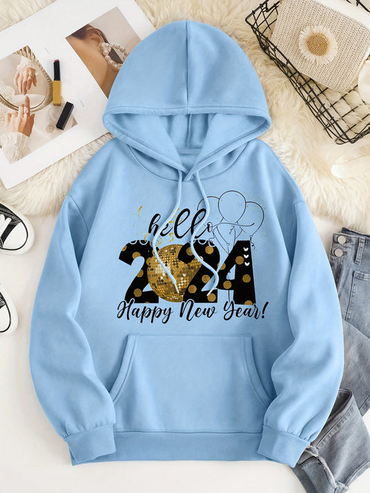 Stay stylish and comfortable with our Happy New Year 2024 Print Hoodie. This trendy and stylish women's hoodie features a unique New Year print and a convenient pocket for your everyday essentials. The drawstring hood and long sleeves make it perfect for any casual occasion. Make a statement and ring in the new year in style.