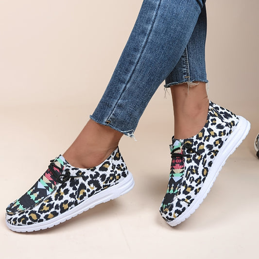 These stylish Leopard & Ethnic Print Canvas Shoes for Women provide low-impact cushioning to support your feet during walking activities. Crafted from canvas, these shoes offer a comfortable fit with adjustable lacing. The rubber sole ensures traction for a secure stride.