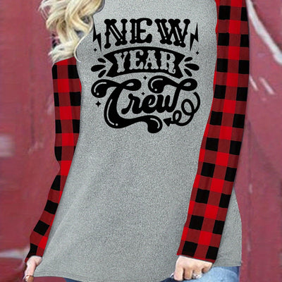 Fashionable and Cozy: New Year Plaid Print T-Shirt - A Must-Have Casual Crew Neck Long Sleeve Top for Women!