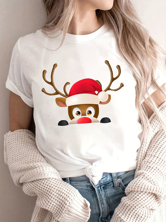Festive and Stylish: Christmas Deer Print Crew Neck T-Shirt - A Must-Have for Spring and Summer Fashionistas!