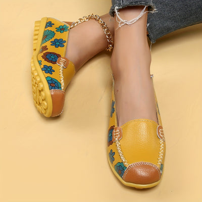 Stylish Women's Casual Yellow Flat Shoes with Flower Patterns: Lightweight and Comfortable Low Top Design