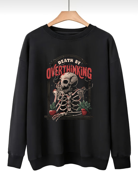 Halloween Skull & Floral & Letter Long Sleeve Round Neck Sweatshirt, Plus Size Halloween Casual Sweatshirt