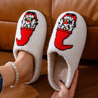 Cozy Cartoon Print Fuzzy Slippers: Slip-On Soft Sole Non-Slip Christmas Shoes for Winter Plush Comfort