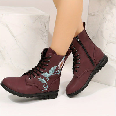 Stylish and Comfortable Women's Floral Embroidered Combat Boots: Lace Up with Side Zipper for Casual Chic
