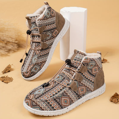 Tribal Pattern Ankle Boots: Stylish Winter Warmth for Women - Explore Temu's Plush-Lined Snow Boots