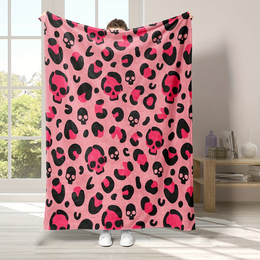 Stay warm and stylish with this pink skull leopard print flannel blanket, perfect for cuddling up on your couch, sofa, office, bed, or taking with you while camping or traveling. Crafted from soft flannel fabric, this fabulous, cozy blanket offers maximum warmth and comfort.